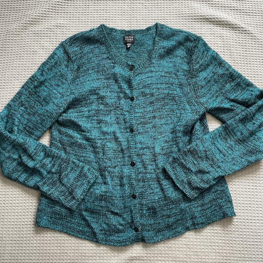 Eileen Fisher Wool Mohair Blend Cardigan Sweater Medium Petite MP Teal Black